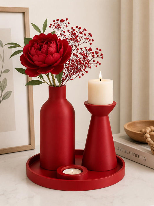 Modern Black Vase & Candle Holder Set | Minimalist Tray Decor | 3D Printed Centerpiece