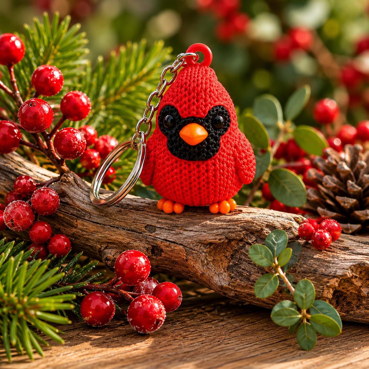 Knitted Cardinal Keychain | Red Bird Key Ring | Backpack Charm | Memorial Gift