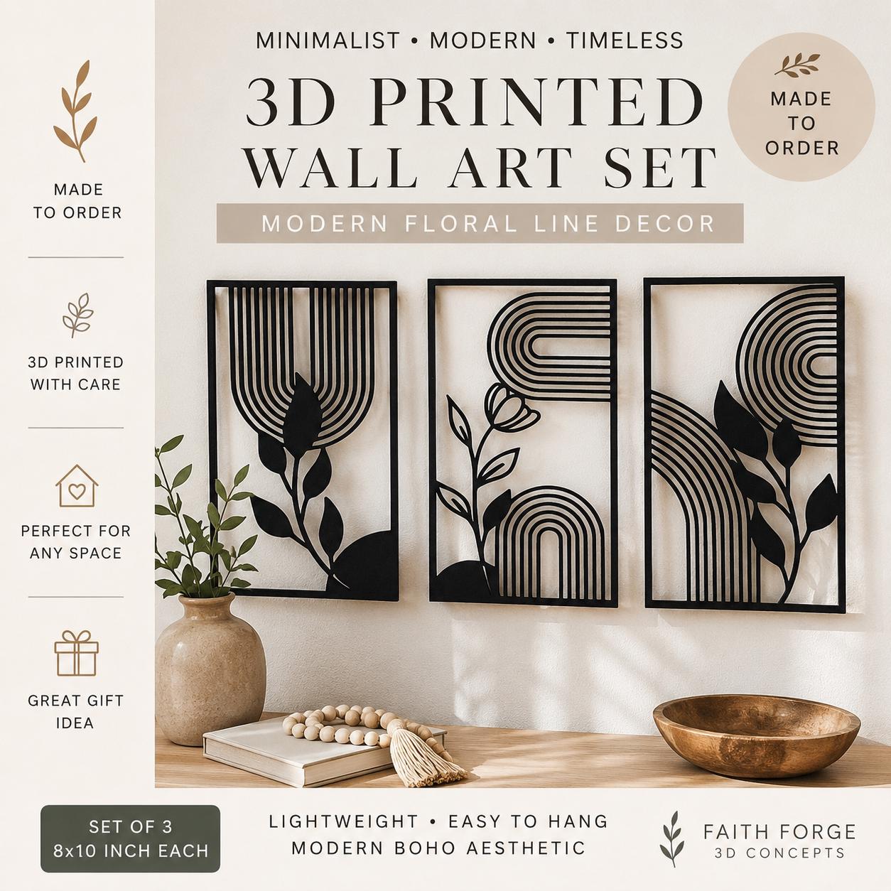 Minimalist Boho Wall Art Set | Modern Floral Geometric Decor | 3D Printed Panels