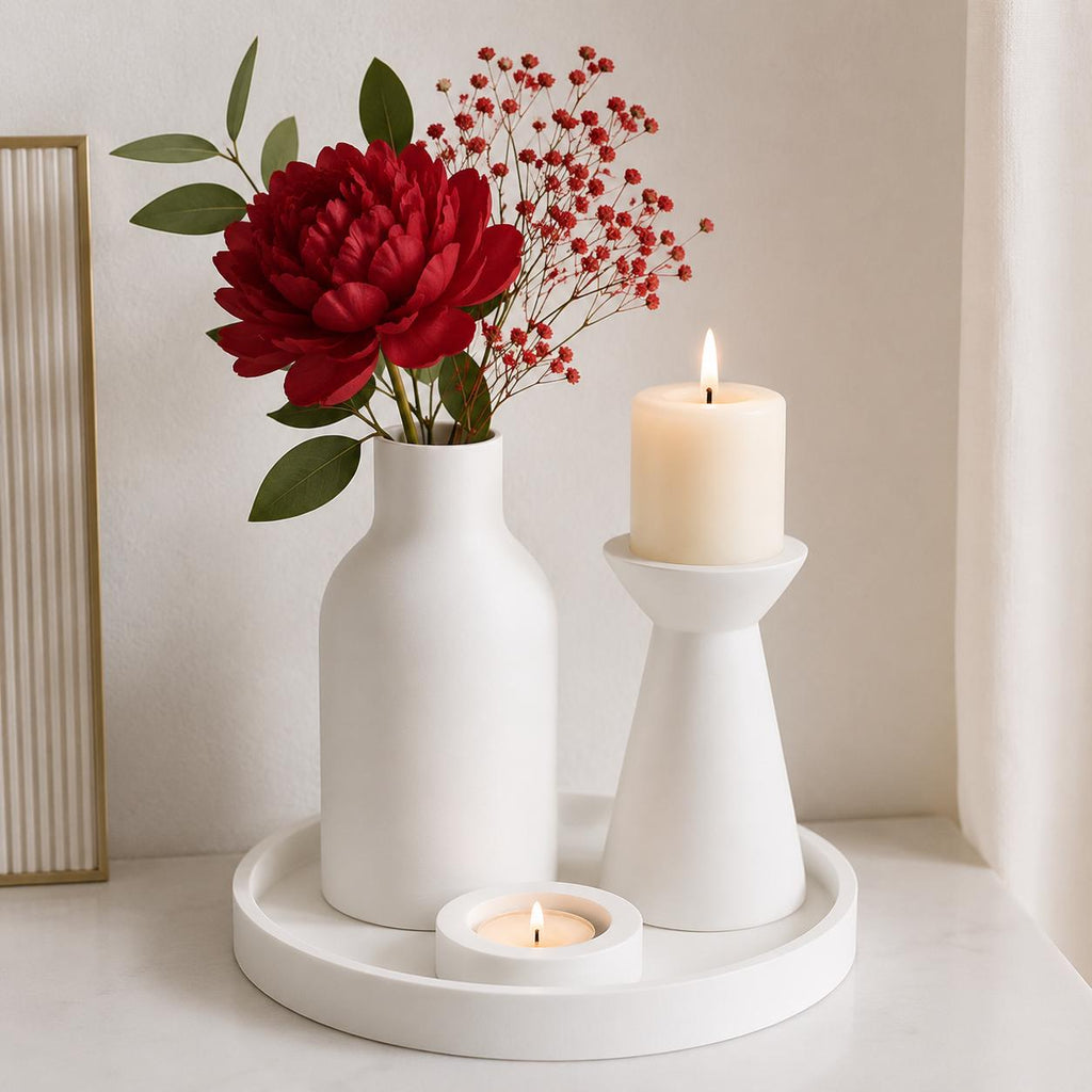 Modern Black Vase & Candle Holder Set | Minimalist Tray Decor | 3D Printed Centerpiece