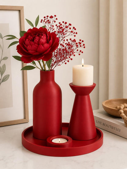 Modern Black Vase & Candle Holder Set | Minimalist Tray Decor | 3D Printed Centerpiece