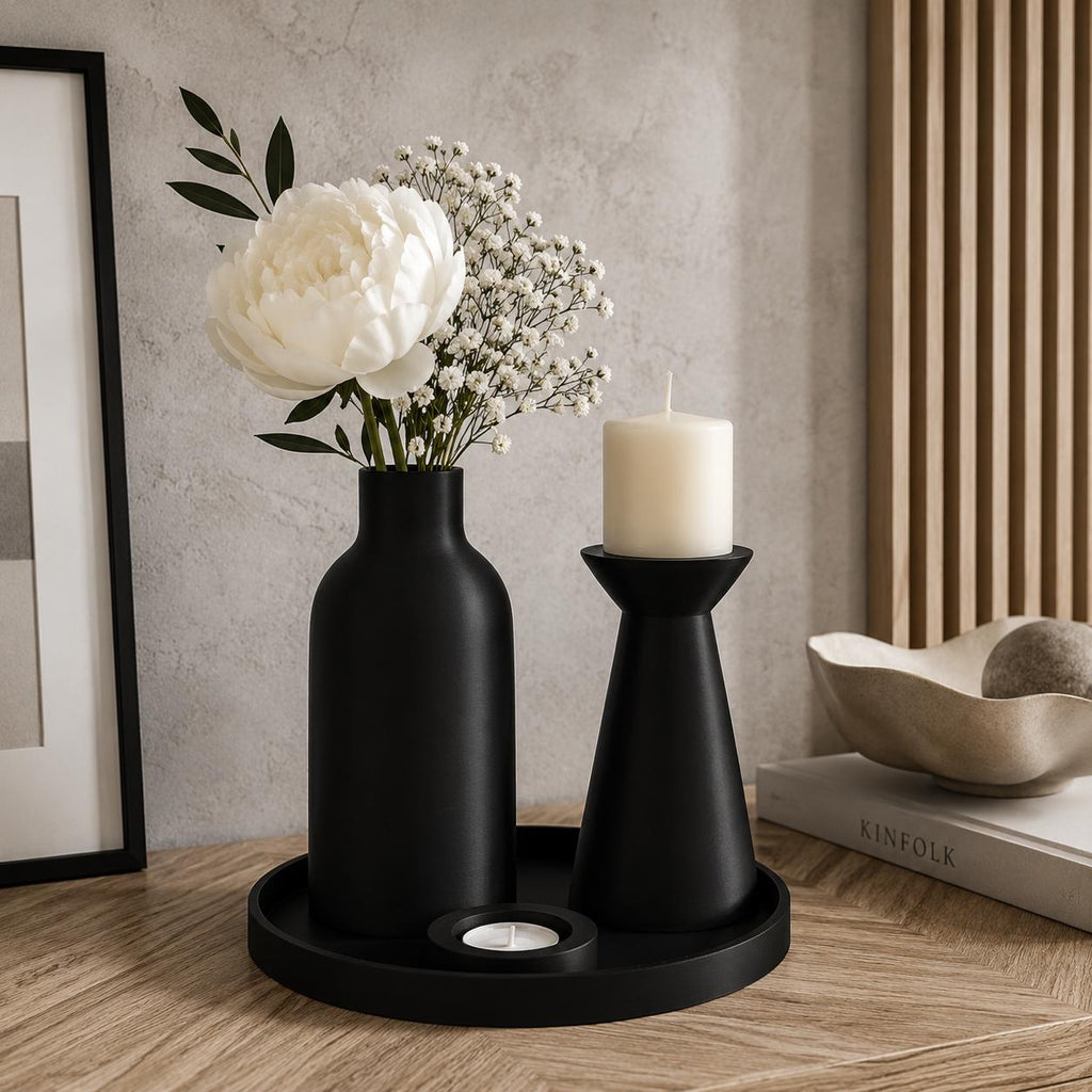 Modern Black Vase & Candle Holder Set | Minimalist Tray Decor | 3D Printed Centerpiece