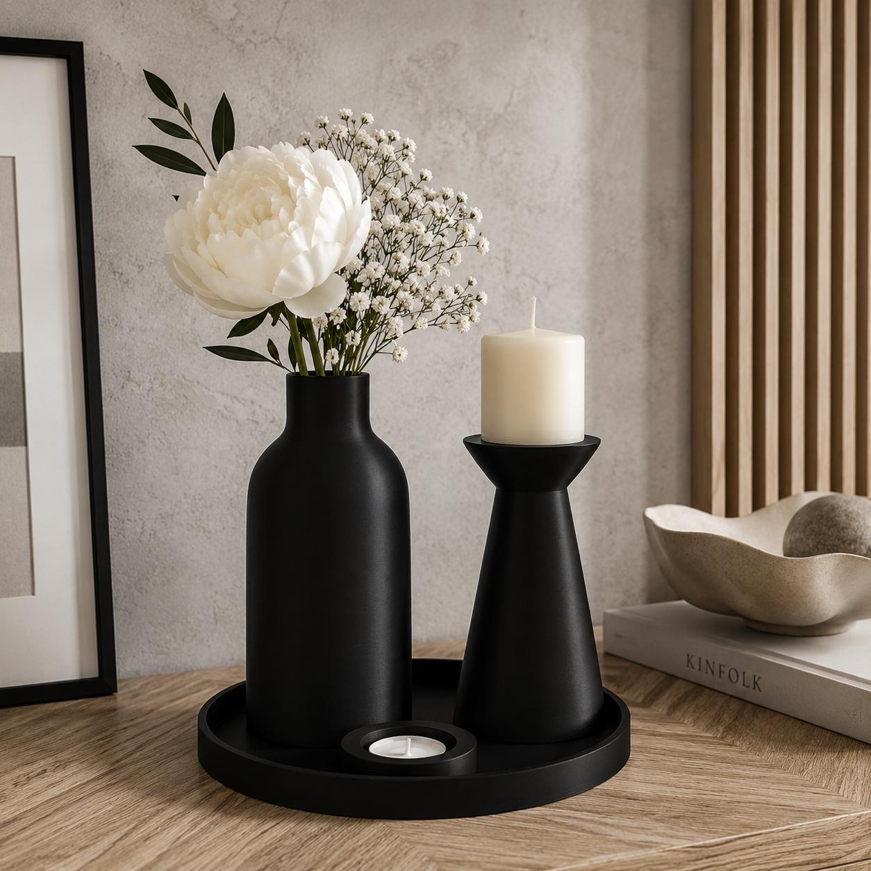 Modern Black Vase & Candle Holder Set | Minimalist Tray Decor | 3D Printed Centerpiece
