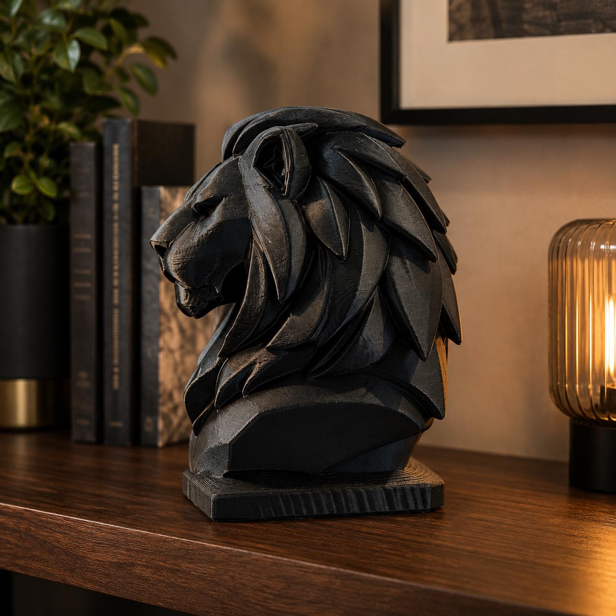 Modern Lion Bust Sculpture | 3D Printed Lion Decor | Office Shelf Art