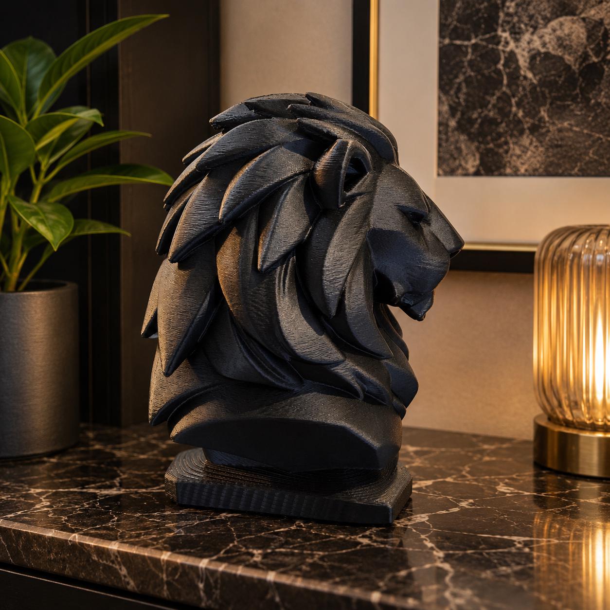 Modern Lion Bust Sculpture | 3D Printed Lion Decor | Office Shelf Art