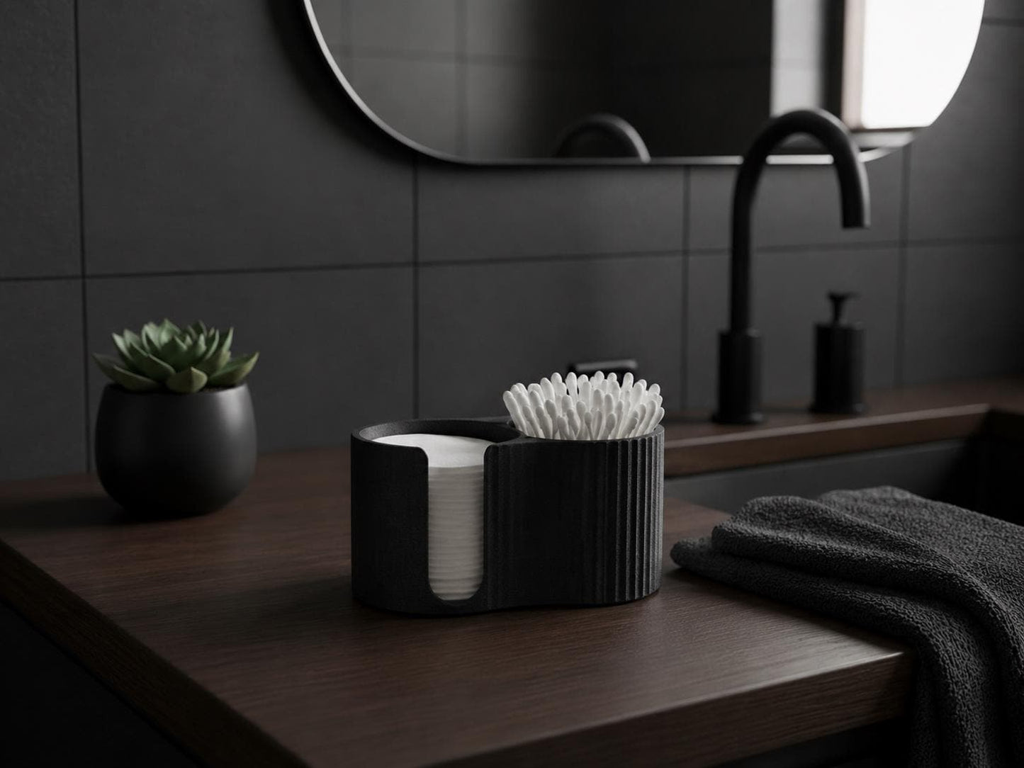 Minimalist Bathroom Organizer | Cotton Pad & Q Tip Holder | Black White Decor