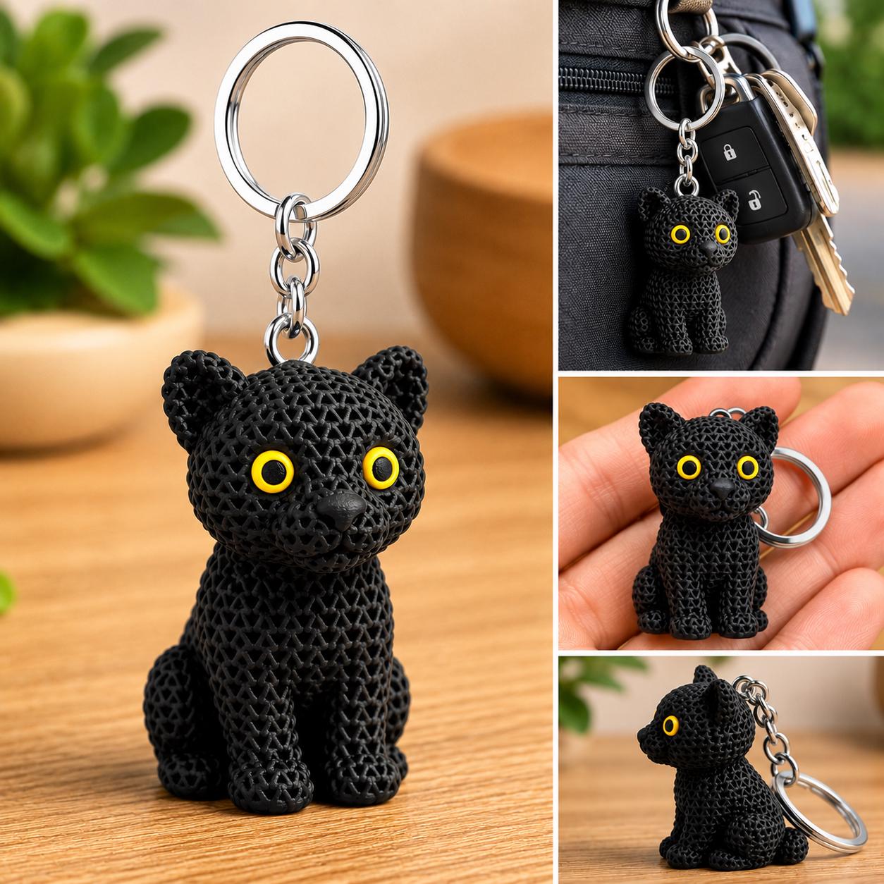 Knitted Black Panther Keychain | 3D Printed Panther Decor