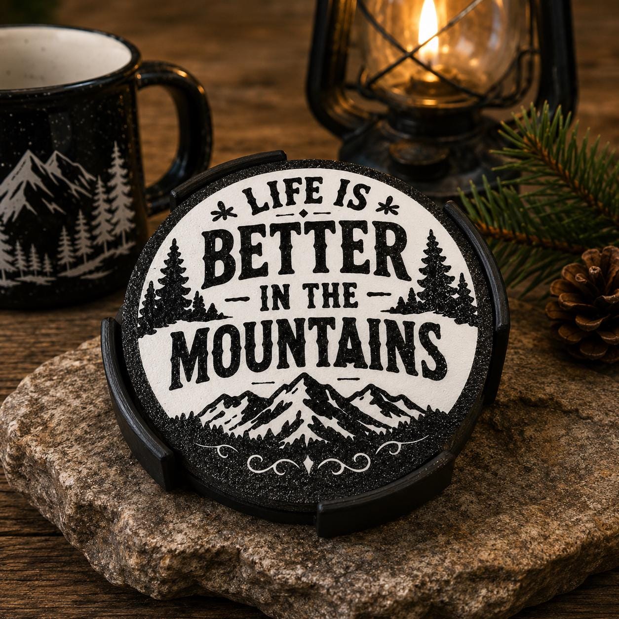 Life Is Better in the Mountains Coaster Set | Rustic Mountain Decor | 3D Printed Coasters