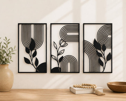 Minimalist Boho Wall Art Set | Modern Floral Geometric Decor | 3D Printed Panels