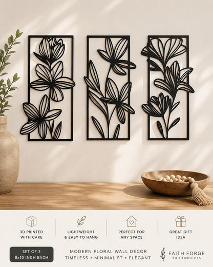 Minimalist Floral Wall Art Set | Boho Bathroom Decor | 3D Printed Black Panels