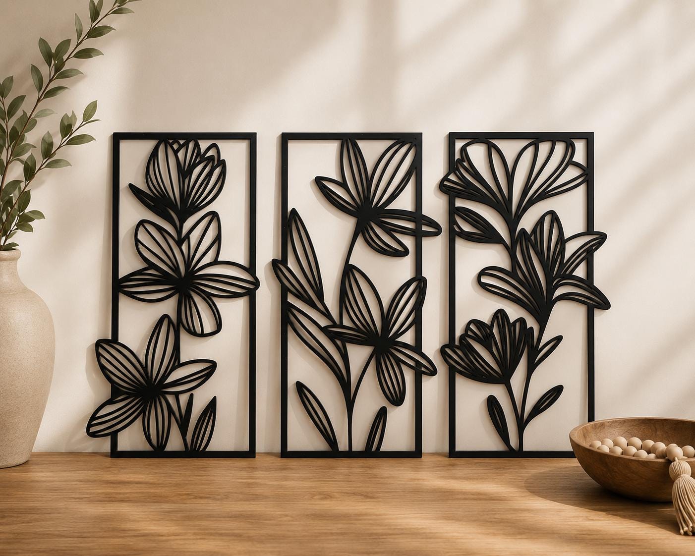 Minimalist Floral Wall Art Set | Boho Bathroom Decor | 3D Printed Black Panels