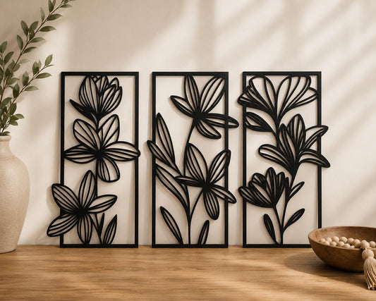 Minimalist Floral Wall Art Set | Boho Bathroom Decor | 3D Printed Black Panels