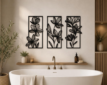 Minimalist Floral Wall Art Set | Boho Bathroom Decor | 3D Printed Black Panels