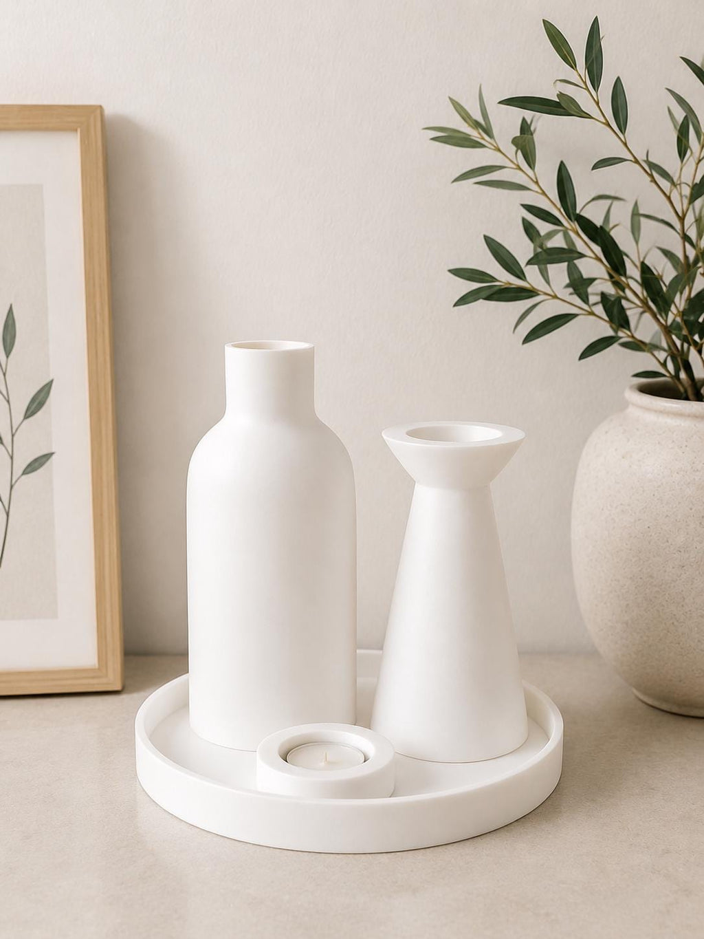 Modern Black Vase & Candle Holder Set | Minimalist Tray Decor | 3D Printed Centerpiece