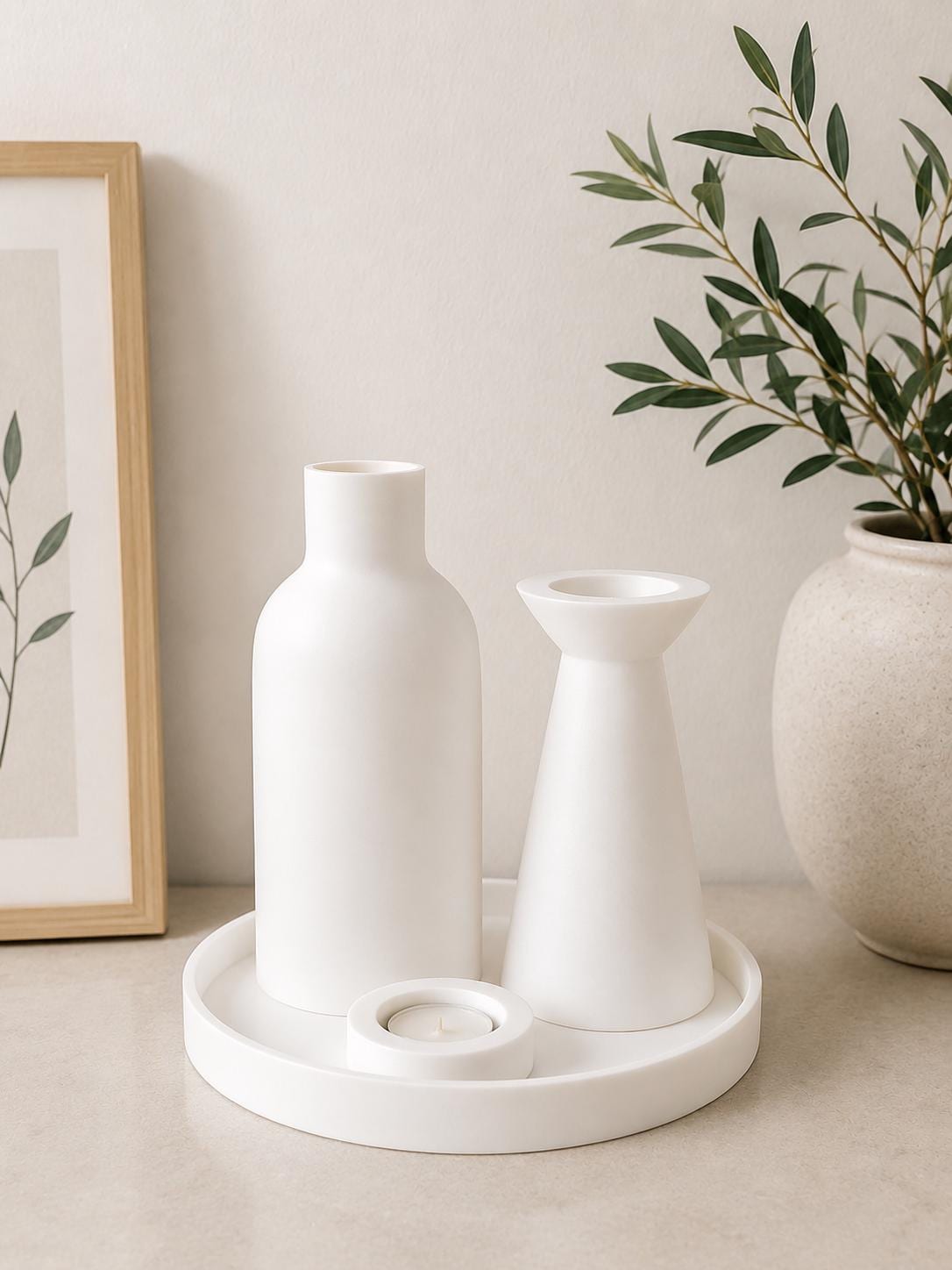 Modern Black Vase & Candle Holder Set | Minimalist Tray Decor | 3D Printed Centerpiece