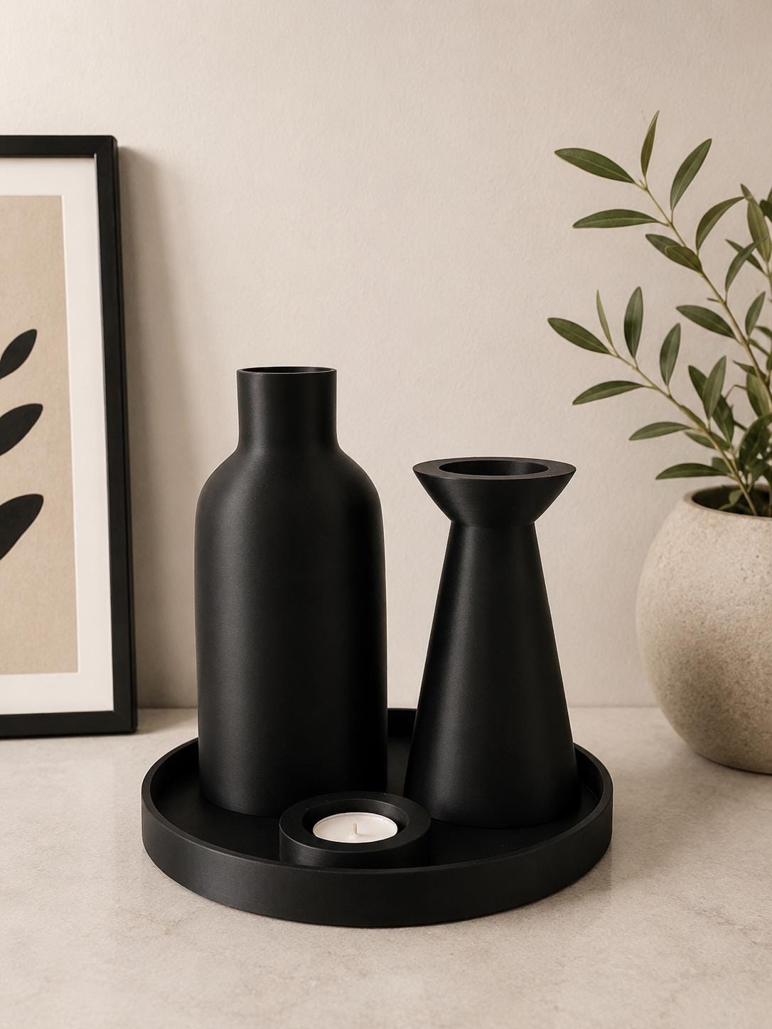 Modern Black Vase & Candle Holder Set | Minimalist Tray Decor | 3D Printed Centerpiece