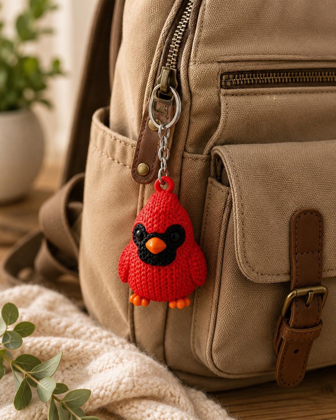 Knitted Cardinal Keychain | Red Bird Key Ring | Backpack Charm | Memorial Gift