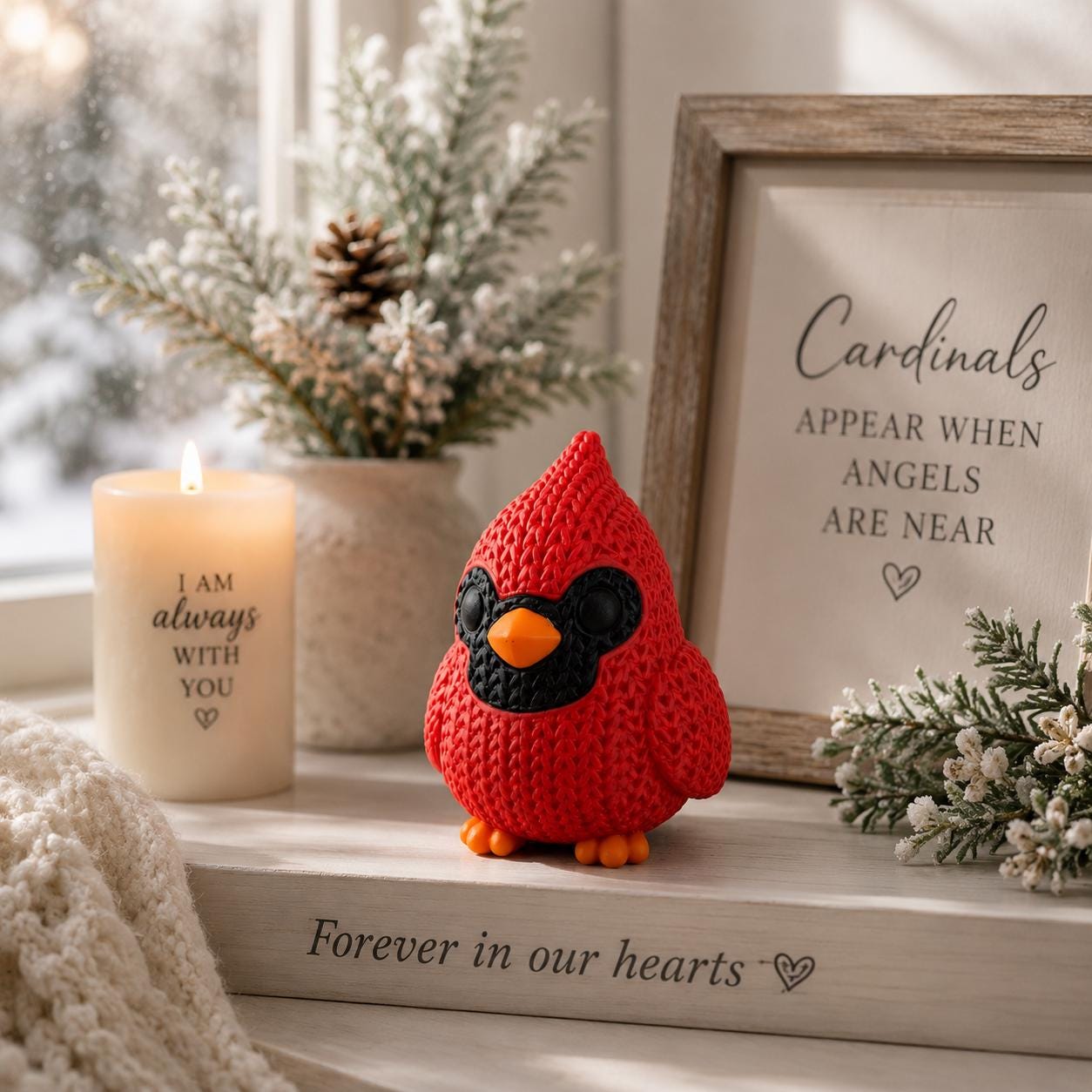 Knitted Cardinal Figurine | Cardinal Bird Decor | Rustic Farmhouse Shelf Accent