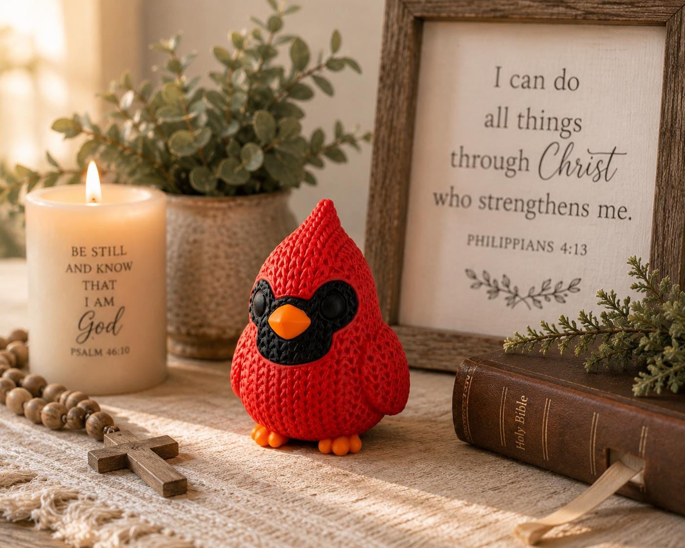 Knitted Cardinal Figurine | Cardinal Bird Decor | Rustic Farmhouse Shelf Accent