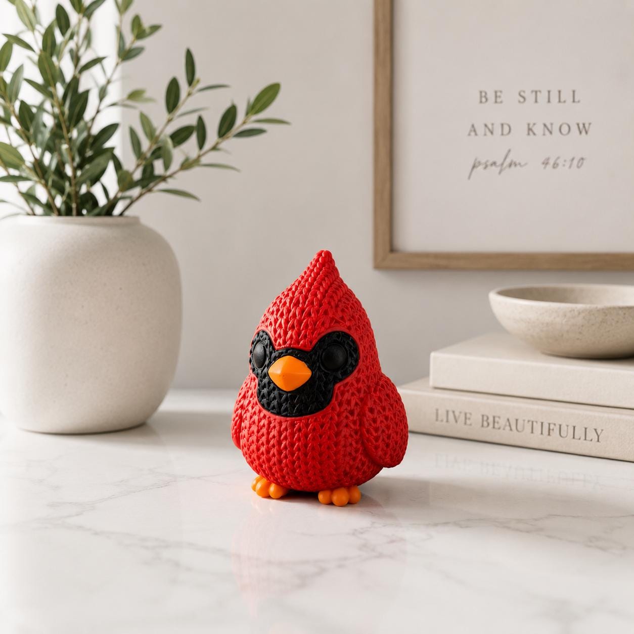 Knitted Cardinal Figurine | Cardinal Bird Decor | Rustic Farmhouse Shelf Accent
