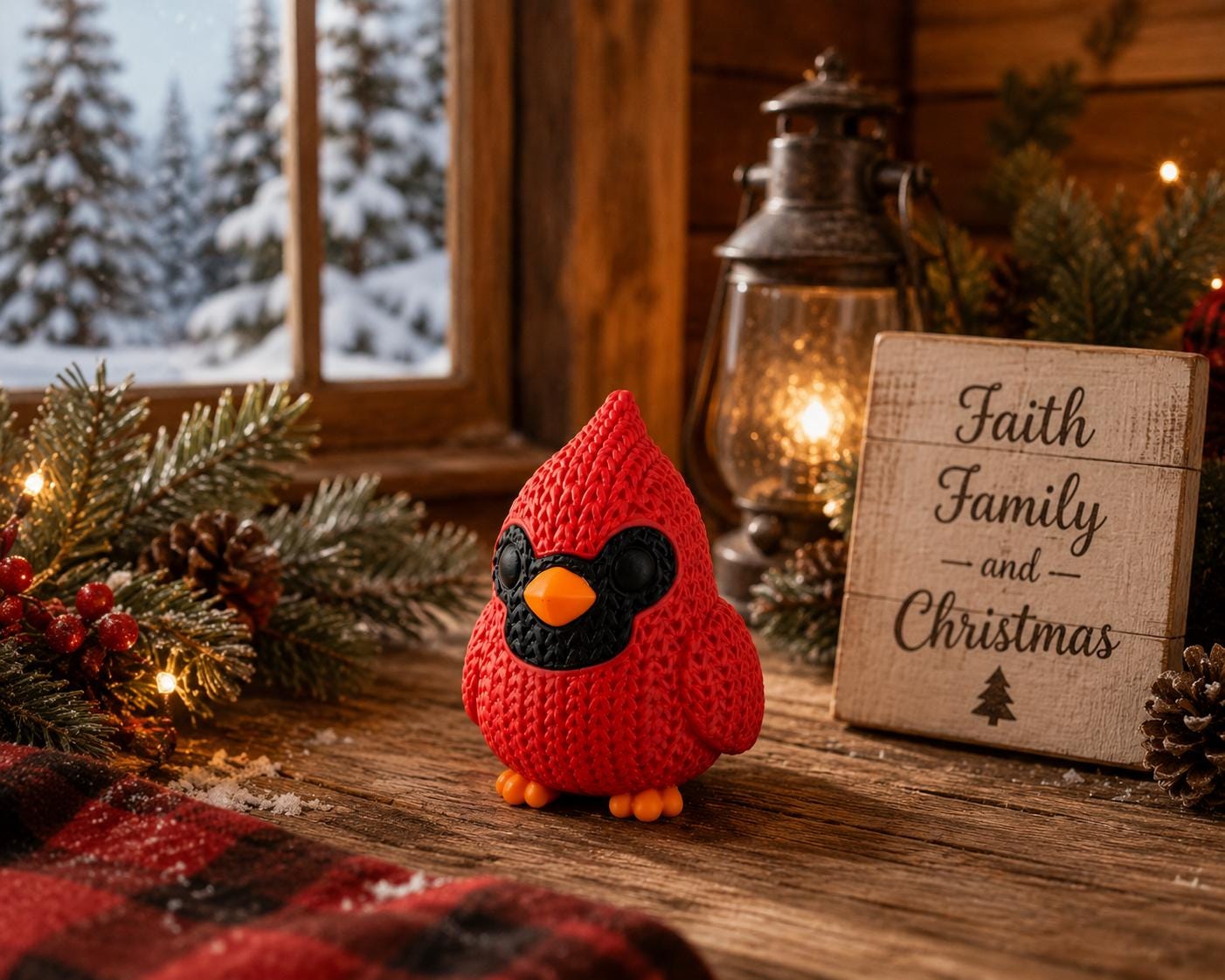 Knitted Cardinal Figurine | Cardinal Bird Decor | Rustic Farmhouse Shelf Accent
