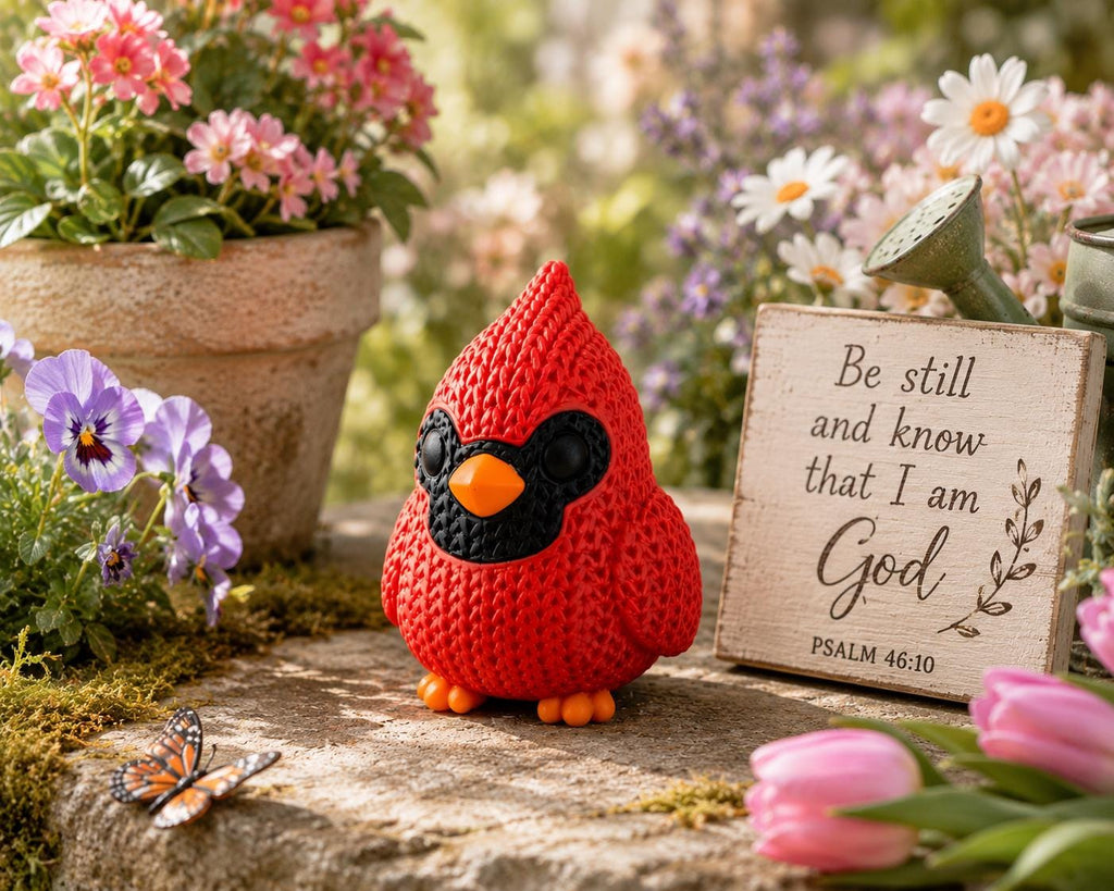 Knitted Cardinal Figurine | Cardinal Bird Decor | Rustic Farmhouse Shelf Accent
