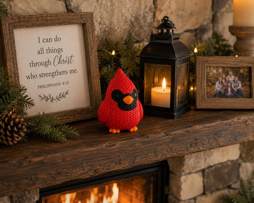 Knitted Cardinal Figurine | Cardinal Bird Decor | Rustic Farmhouse Shelf Accent