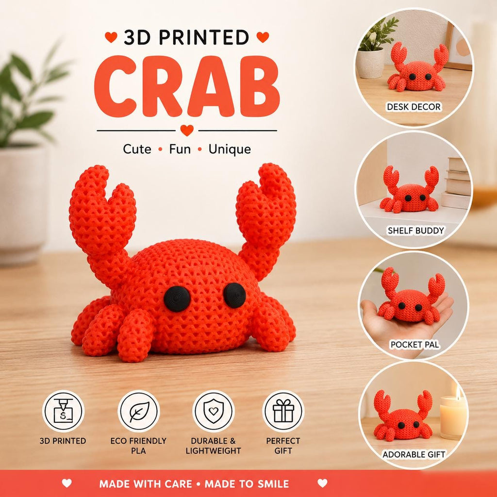 Knitted Crab Figurine | 3D Printed Desk Decor, Coastal Charm Shelf Sitter