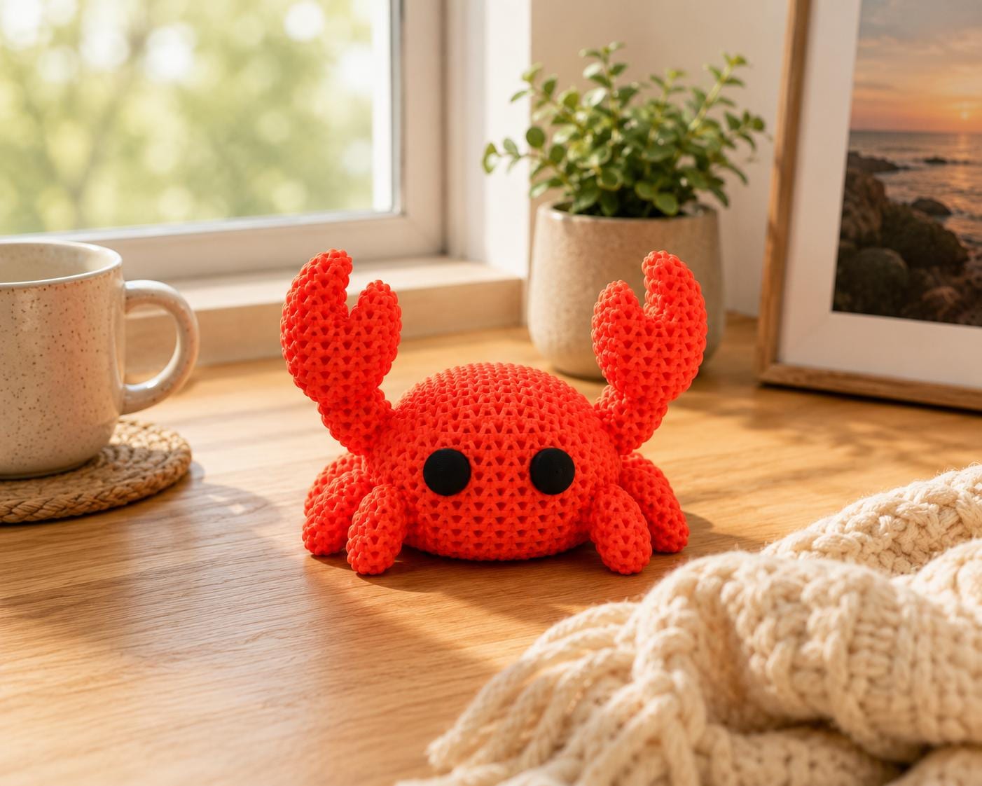 Knitted Crab Figurine | 3D Printed Desk Decor, Coastal Charm Shelf Sitter