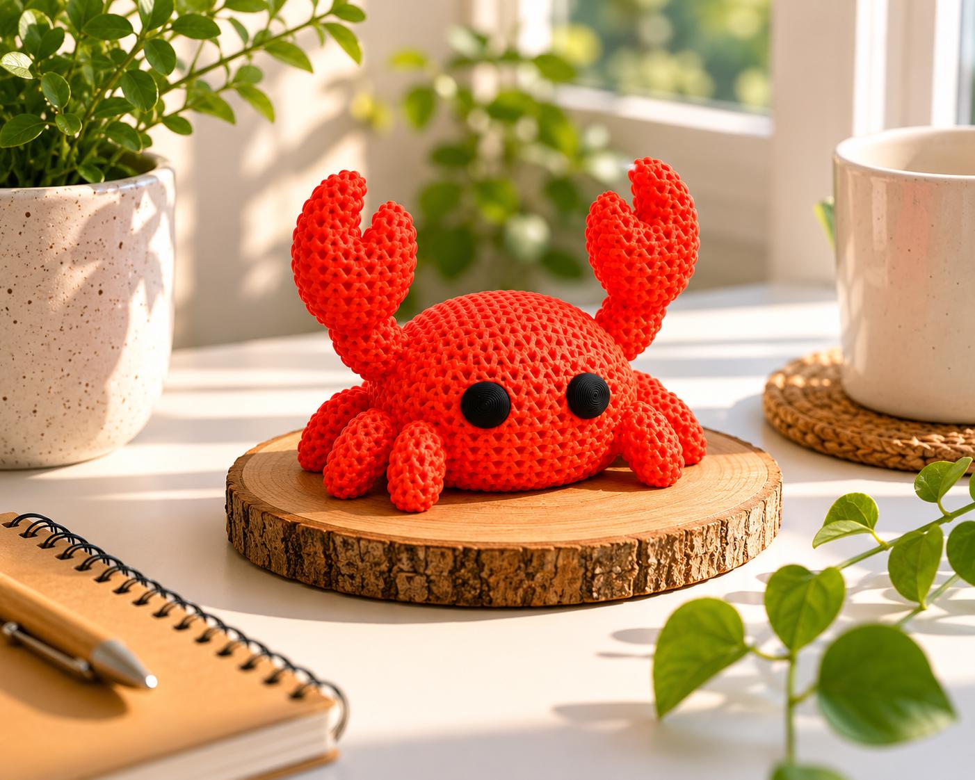 Knitted Crab Figurine | 3D Printed Desk Decor, Coastal Charm Shelf Sitter