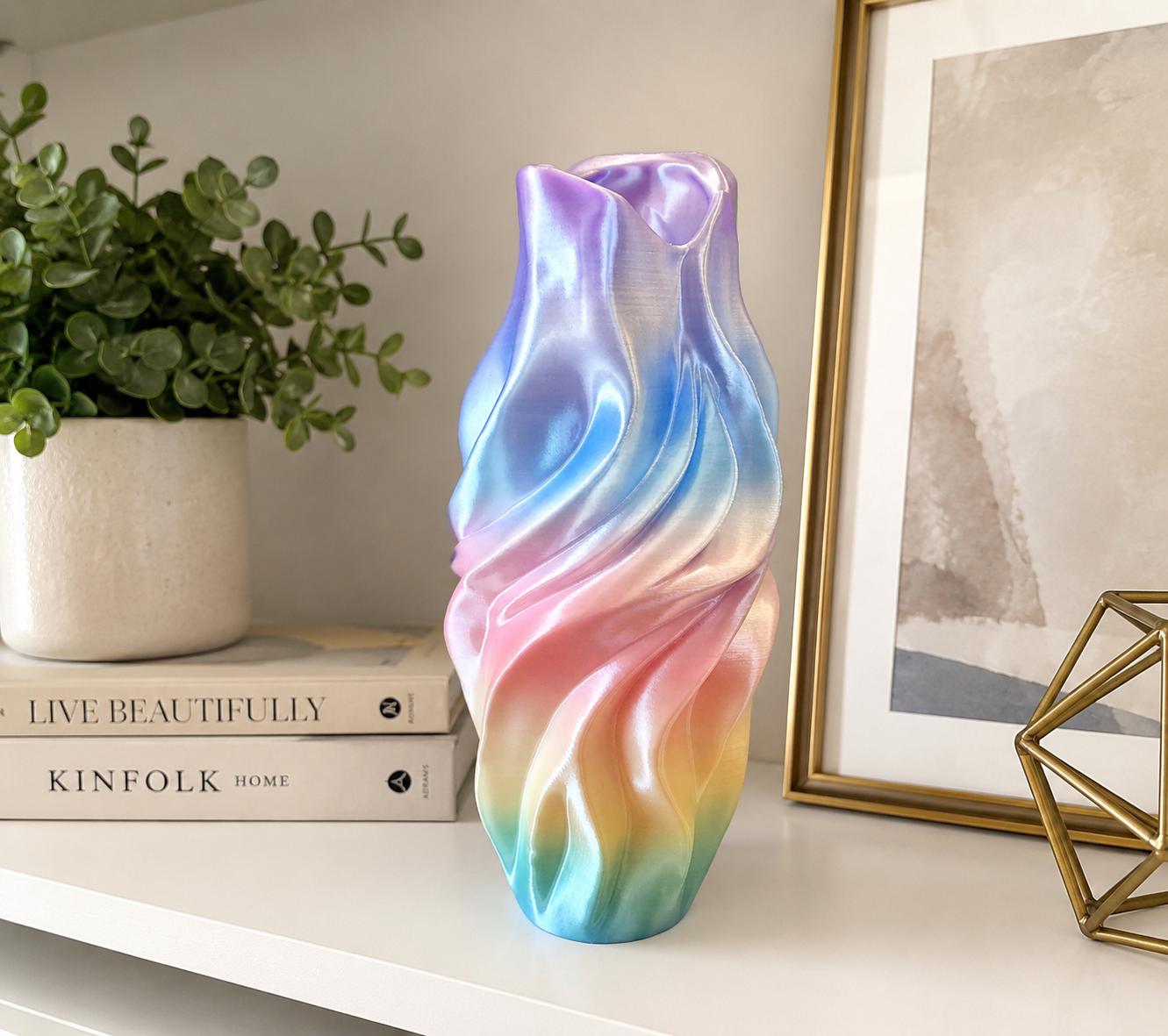 Iridescent Twisted Vase | Modern 3D Printed Decorative Vase | Pearl Rainbow Home Decor
