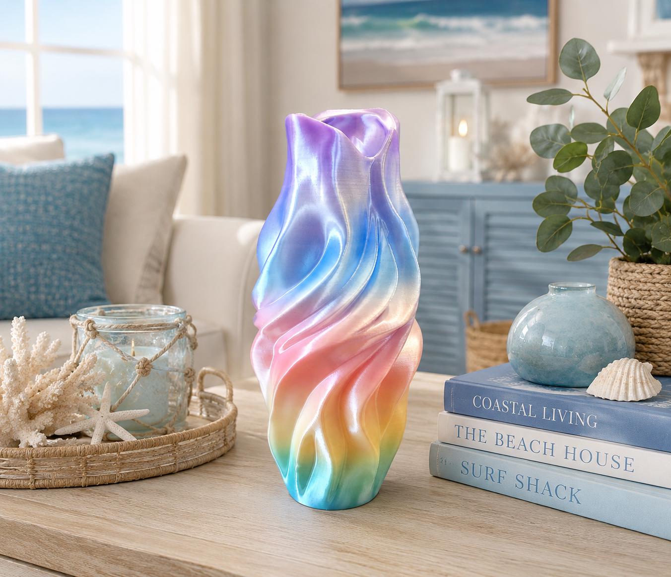 Iridescent Twisted Vase | Modern 3D Printed Decorative Vase | Pearl Rainbow Home Decor
