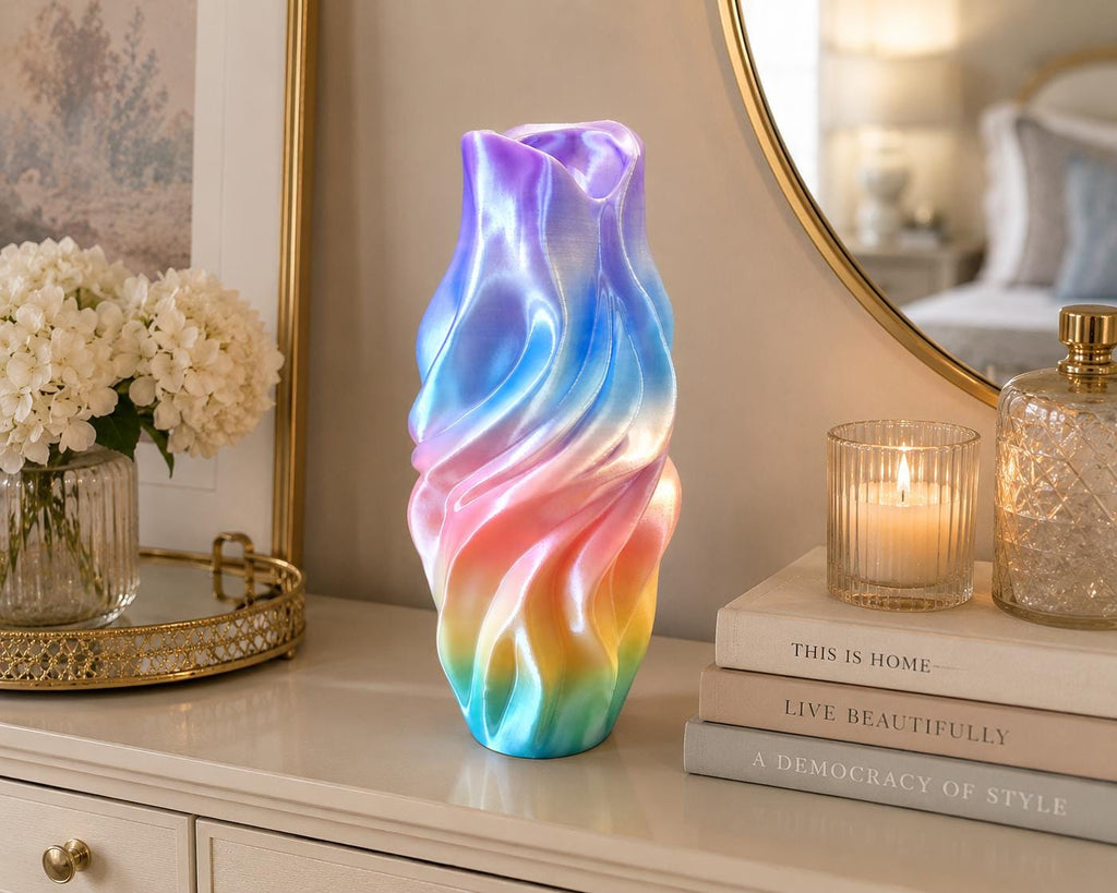 Iridescent Twisted Vase | Modern 3D Printed Decorative Vase | Pearl Rainbow Home Decor