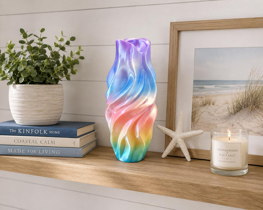 Iridescent Twisted Vase | Modern 3D Printed Decorative Vase | Pearl Rainbow Home Decor