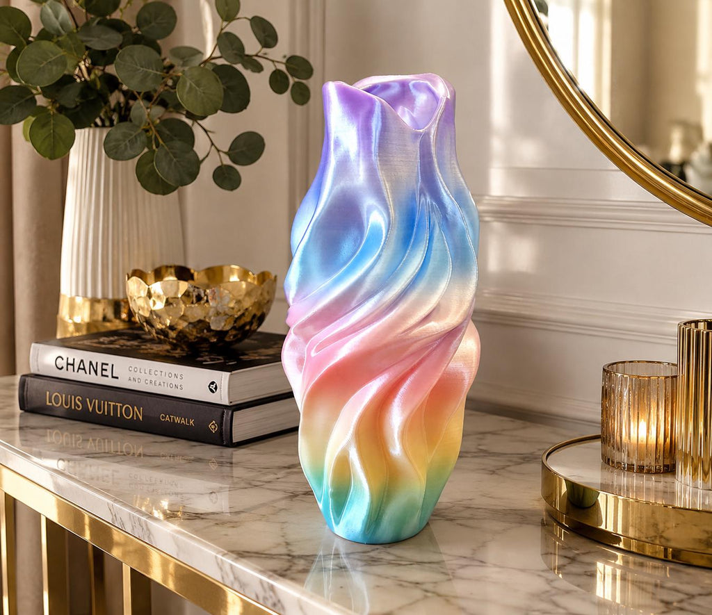 Iridescent Twisted Vase | Modern 3D Printed Decorative Vase | Pearl Rainbow Home Decor