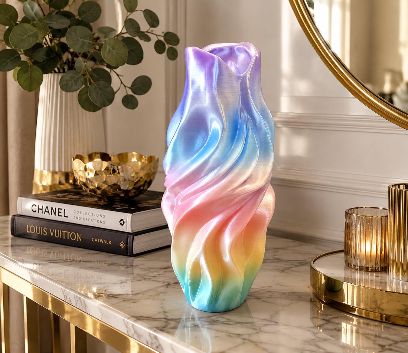 Iridescent Twisted Vase | Modern 3D Printed Decorative Vase | Pearl Rainbow Home Decor