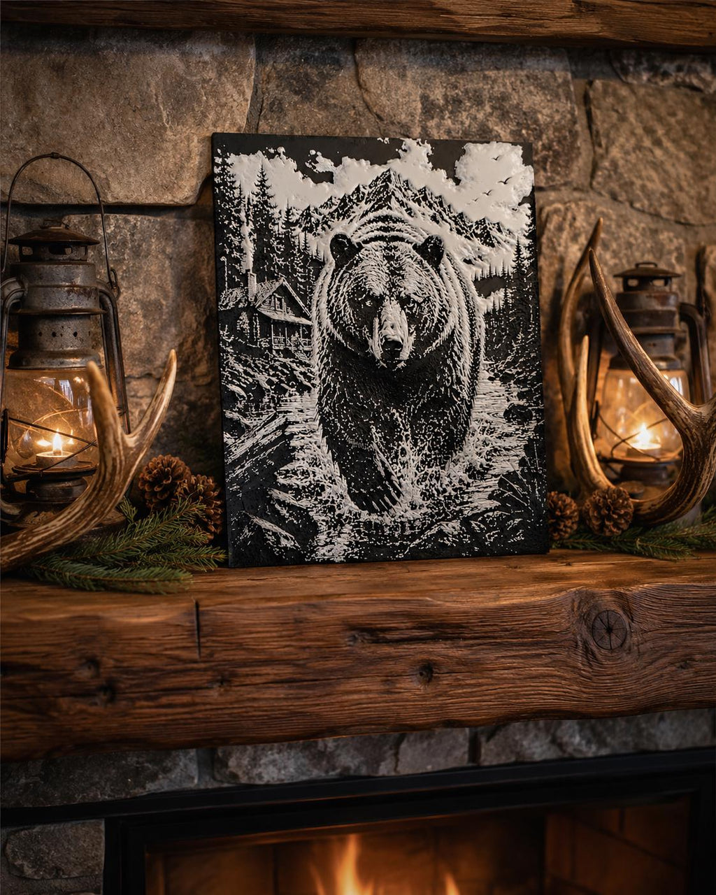 3D Printed Bear Mountain Cabin Wall Art | Wilderness Scene, Rustic Landscape Artwork