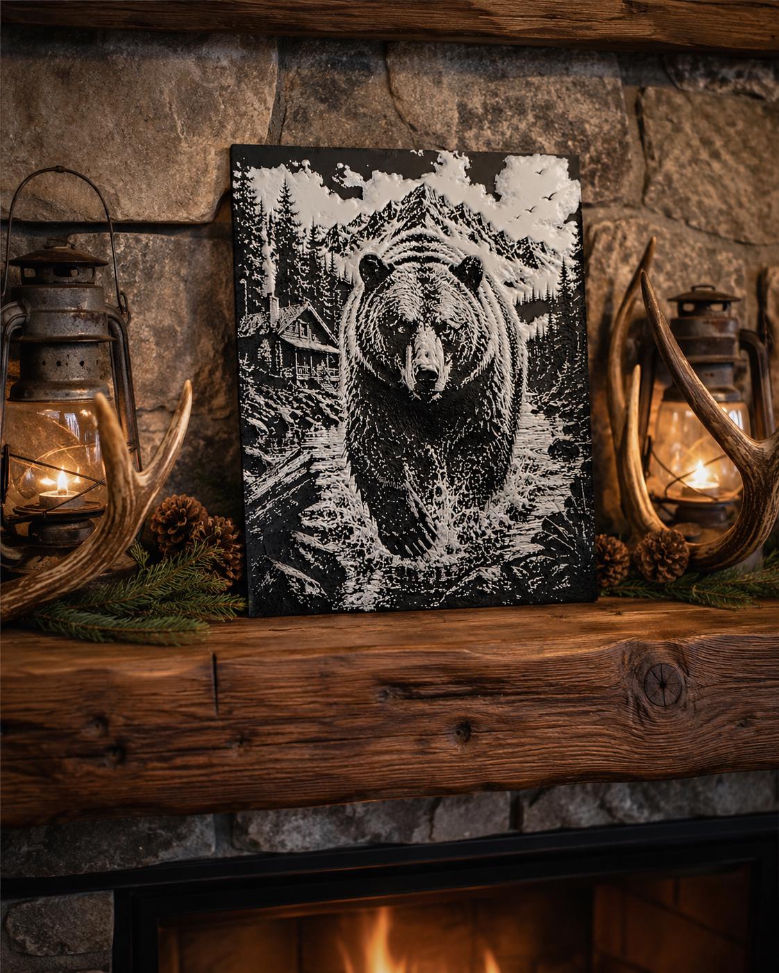 3D Printed Bear Mountain Cabin Wall Art | Wilderness Scene, Rustic Landscape Artwork