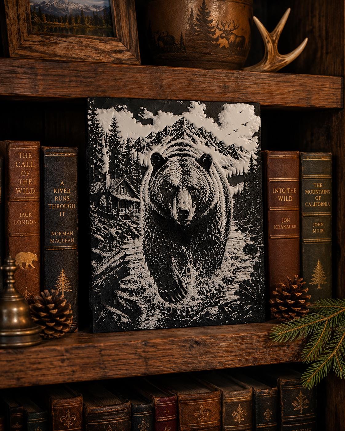 3D Printed Bear Mountain Cabin Wall Art | Wilderness Scene, Rustic Landscape Artwork