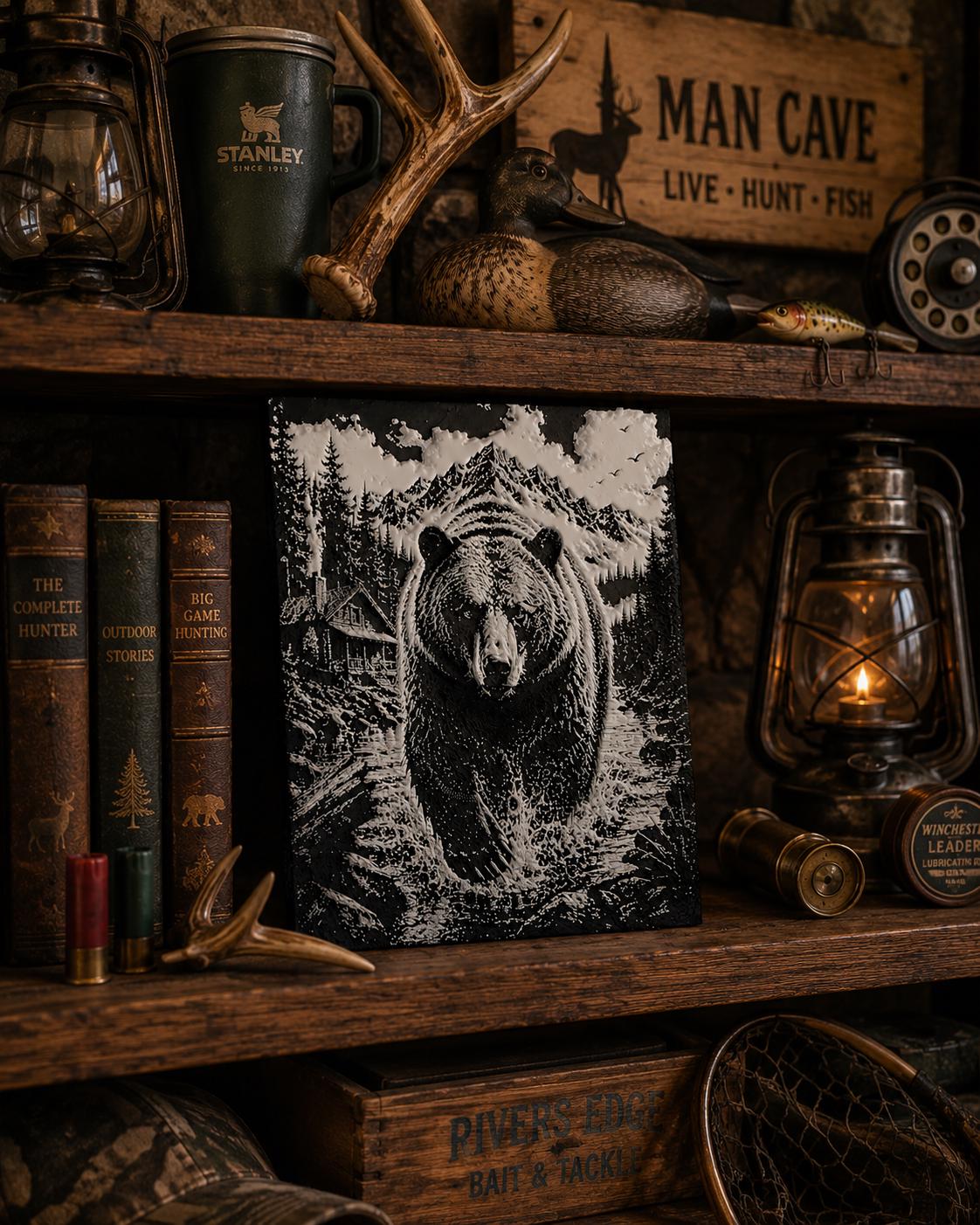 3D Printed Bear Mountain Cabin Wall Art | Wilderness Scene, Rustic Landscape Artwork