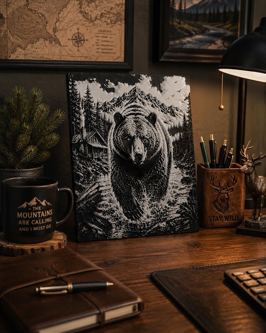 3D Printed Bear Mountain Cabin Wall Art | Wilderness Scene, Rustic Landscape Artwork