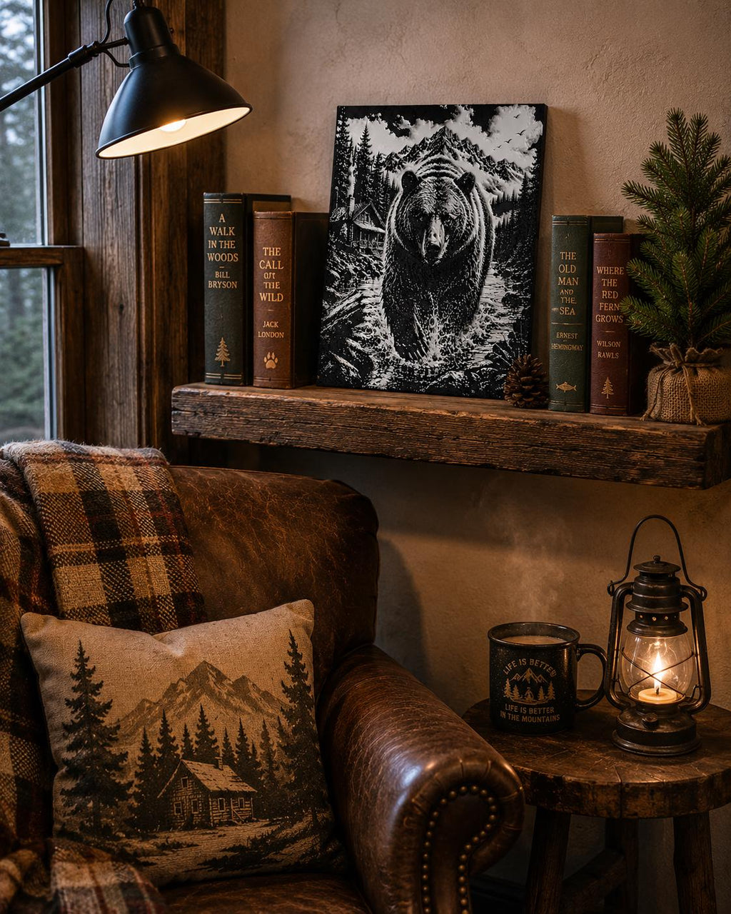 3D Printed Bear Mountain Cabin Wall Art | Wilderness Scene, Rustic Landscape Artwork