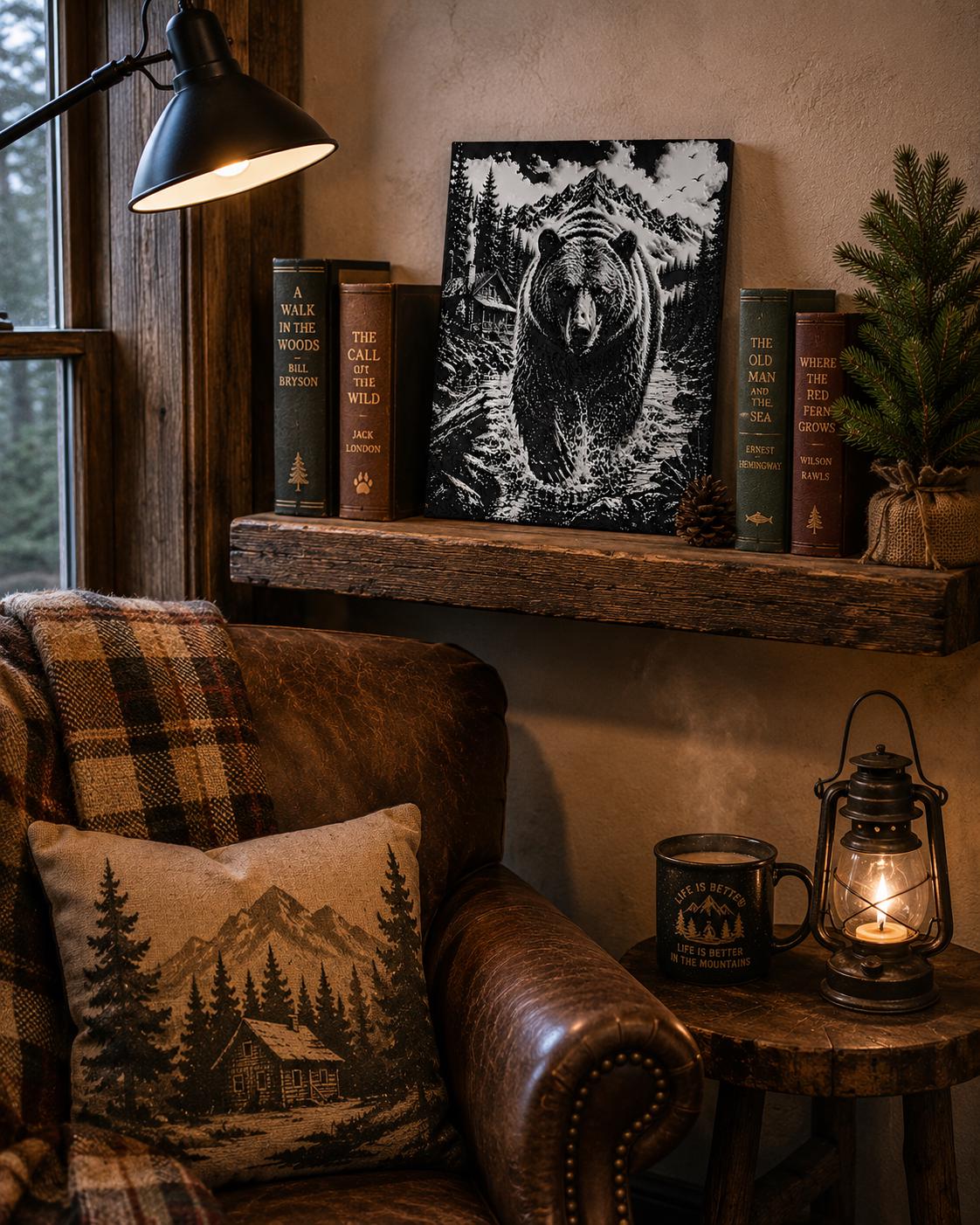 3D Printed Bear Mountain Cabin Wall Art | Wilderness Scene, Rustic Landscape Artwork