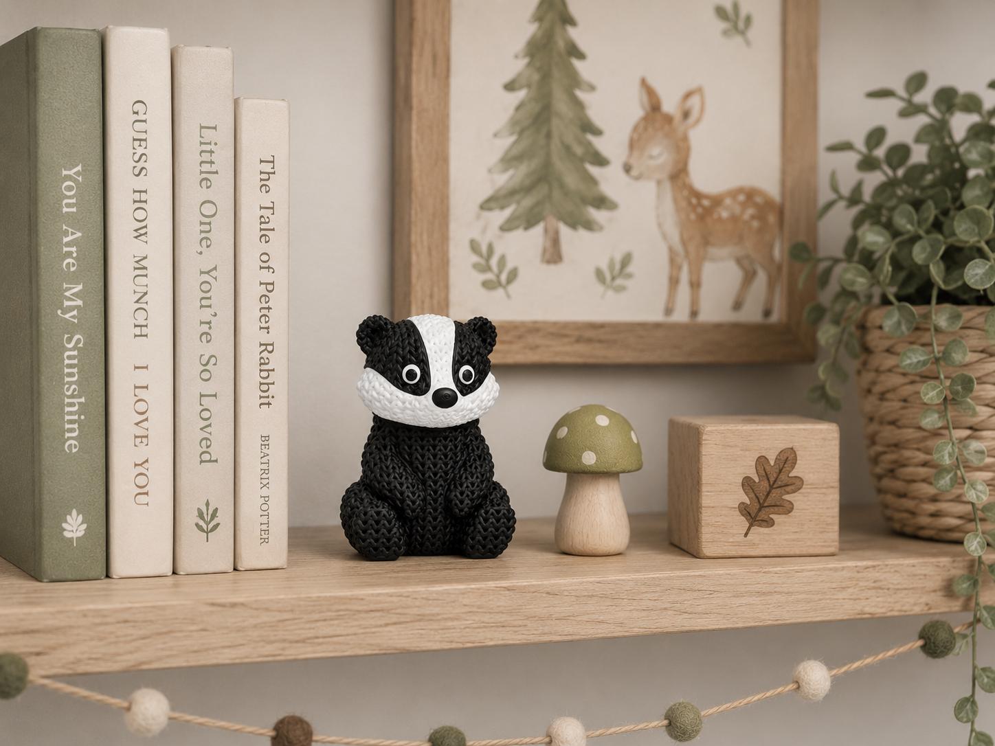 Knitted Badger Figurine | Woodland Animal Decor, Black White Desk Shelf Ornament