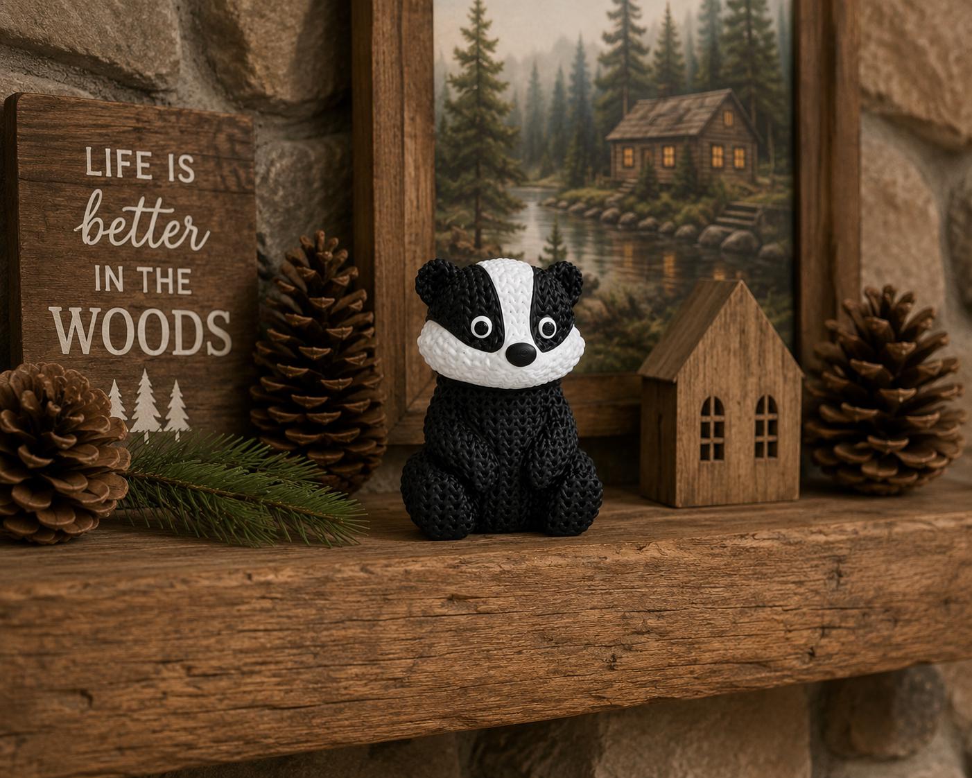 Knitted Badger Figurine | Woodland Animal Decor, Black White Desk Shelf Ornament