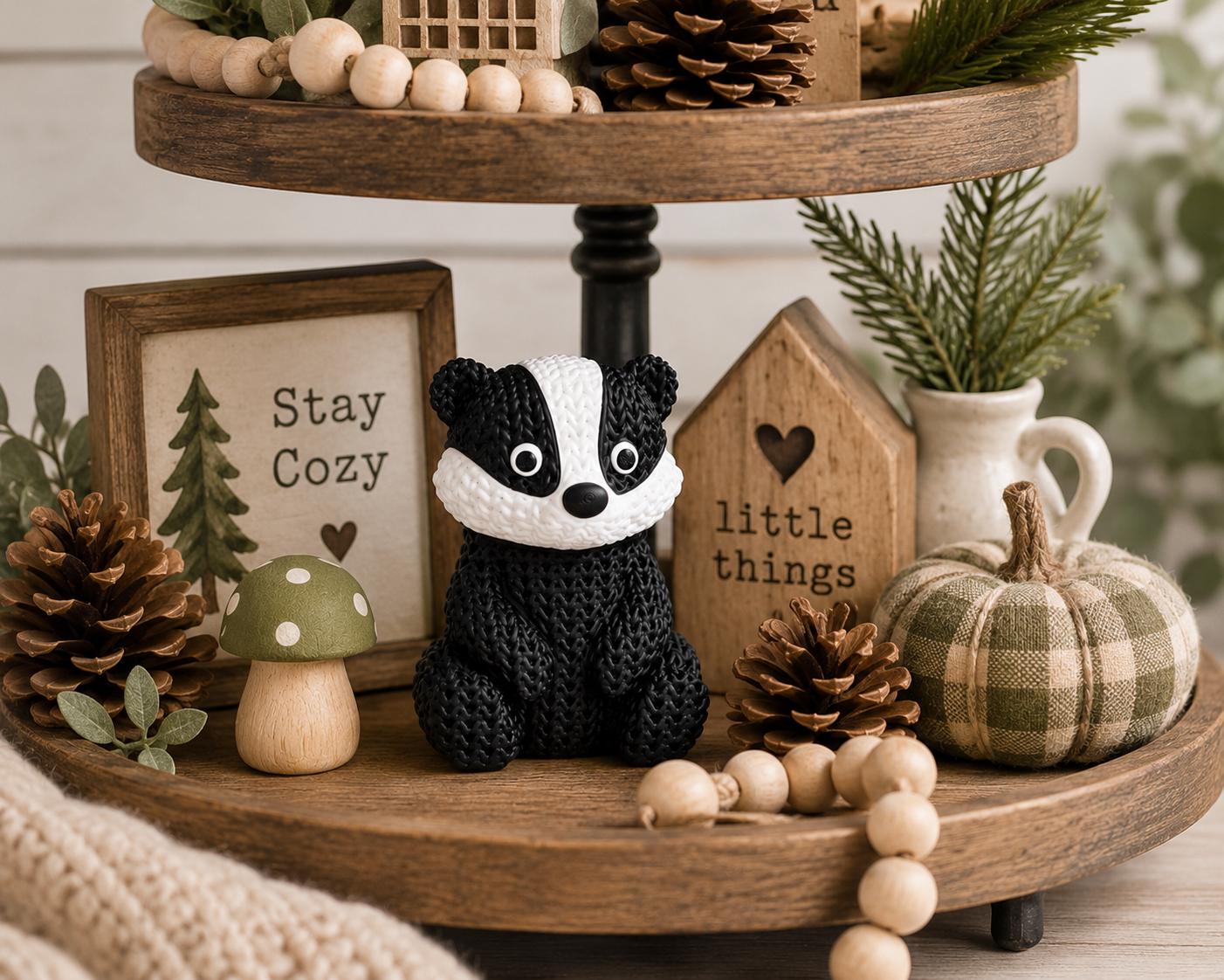 Knitted Badger Figurine | Woodland Animal Decor, Black White Desk Shelf Ornament