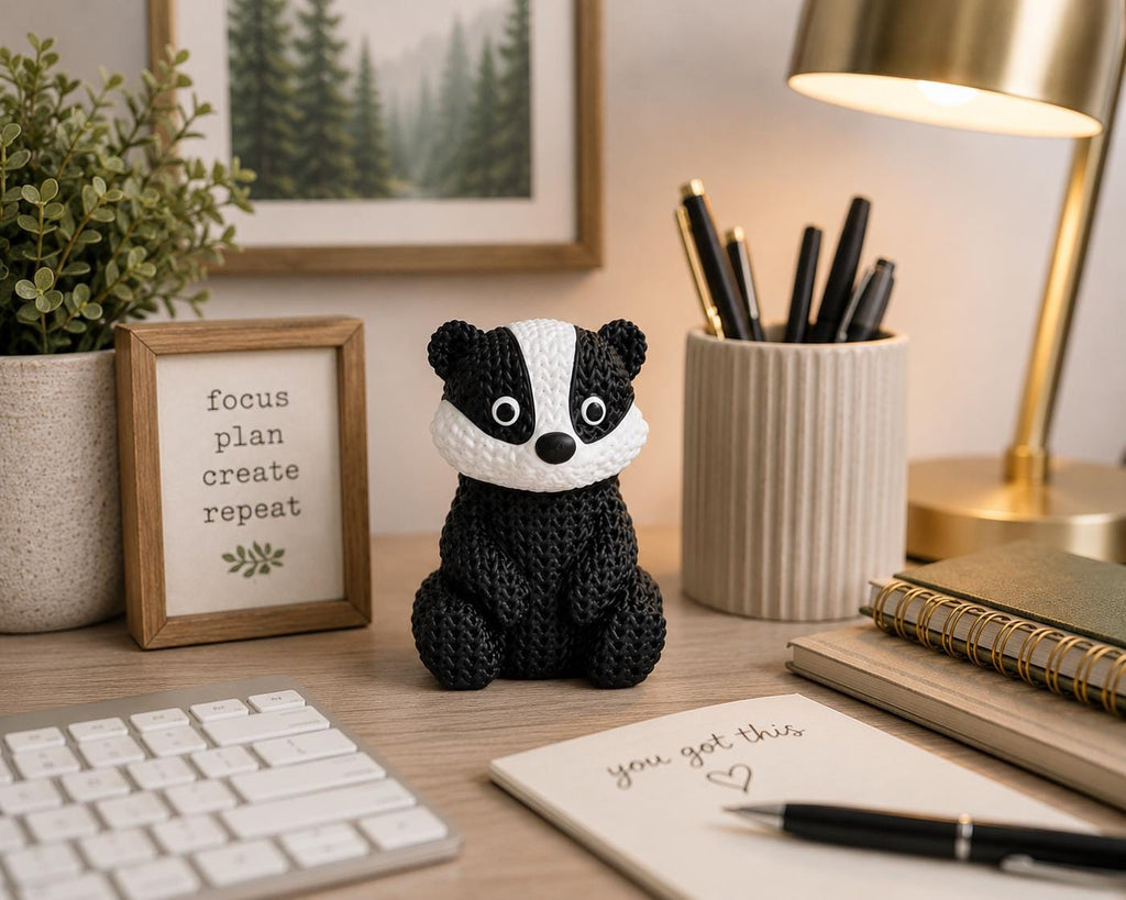 Knitted Badger Figurine | Woodland Animal Decor, Black White Desk Shelf Ornament