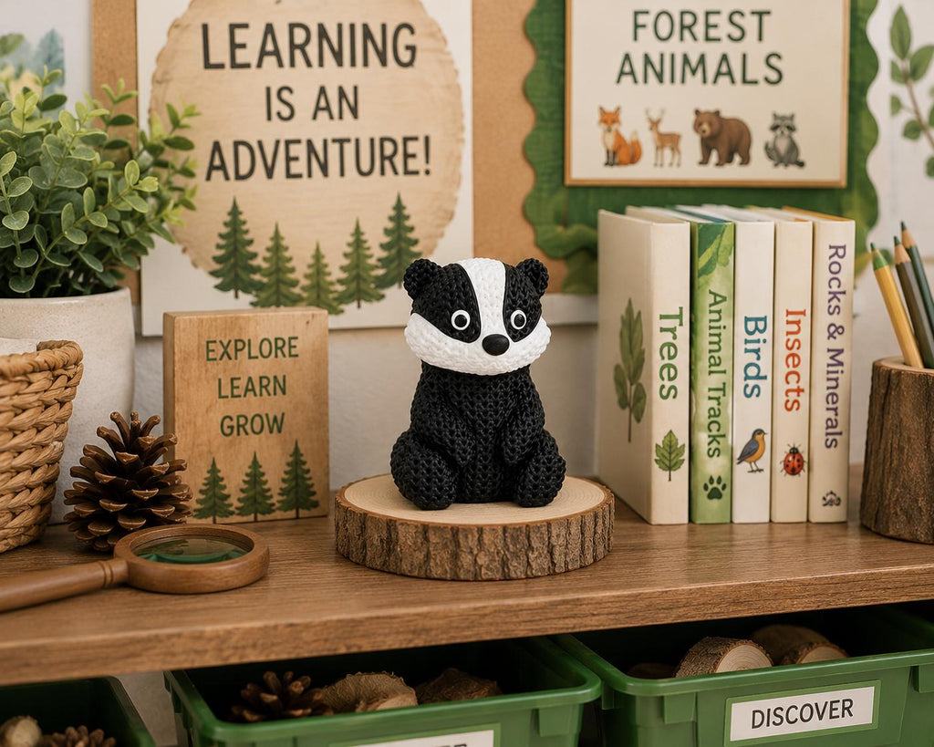 Knitted Badger Figurine | Woodland Animal Decor, Black White Desk Shelf Ornament