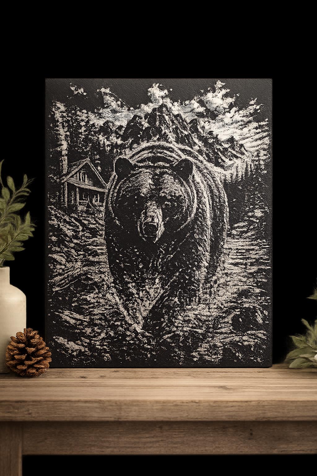 3D Printed Bear Mountain Cabin Wall Art | Wilderness Scene, Rustic Landscape Artwork