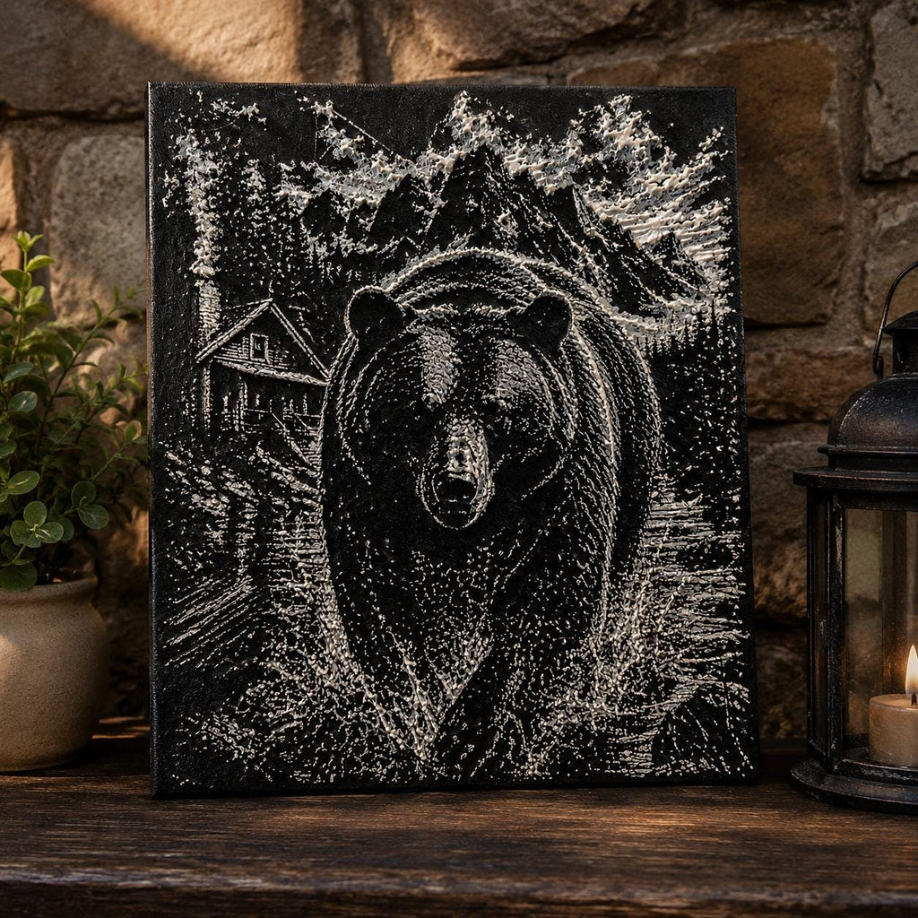 3D Printed Bear Mountain Cabin Wall Art | Wilderness Scene, Rustic Landscape Artwork
